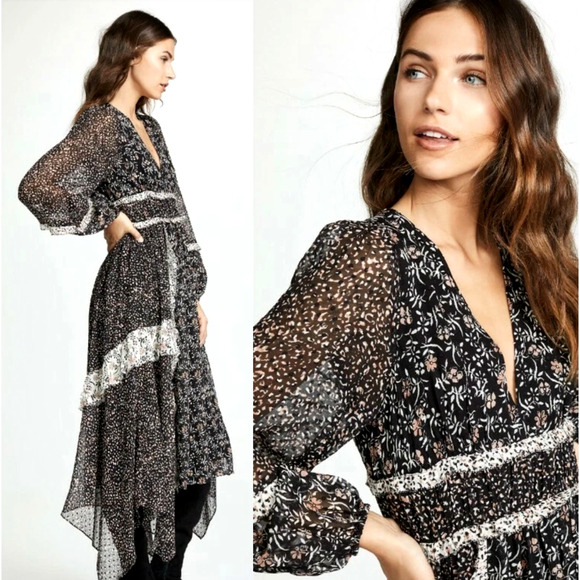 NEW! Ulla Johnson XS Primrose Dark Floral Silk Dress Boho Patchwork Long Sleeve - Picture 2 of 12